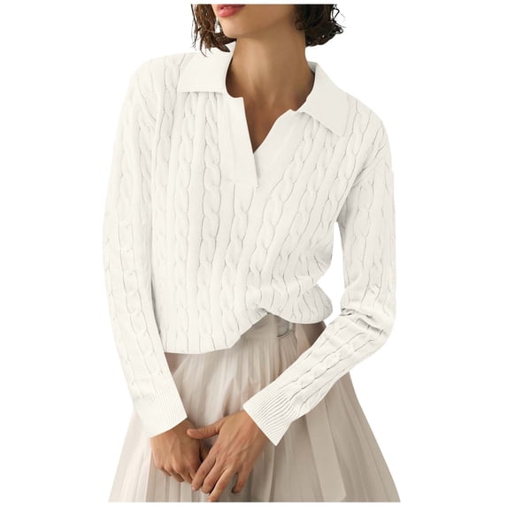 EchfiProm Womens White Tops V-Neck Knit Casual Lapel Long Sleeve Sweater for Women Solid