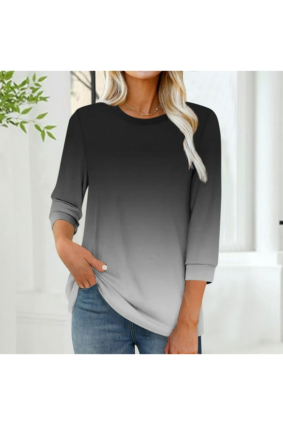 Womens Winter T-Shirts Dressy Casual Black Tops Crew Neck 3/4 Sleeve Pullover Gradient for Ladies Loose