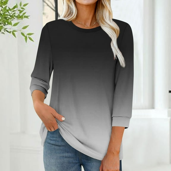 EchfiProm Womens Winter Tops Dressy Casual T-Shirts 3/4 Sleeve Black Gradient Pullover Loose for Ladies