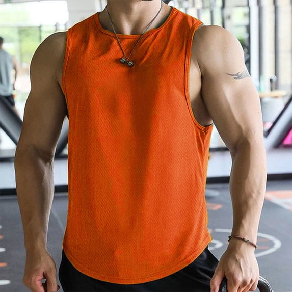 EchfiProm Workout Tank Tops for Men Muscle Shirts Orange Moisture Wicking Sleeveless Fitness Training Gym Young Mans T Shirts 2XL