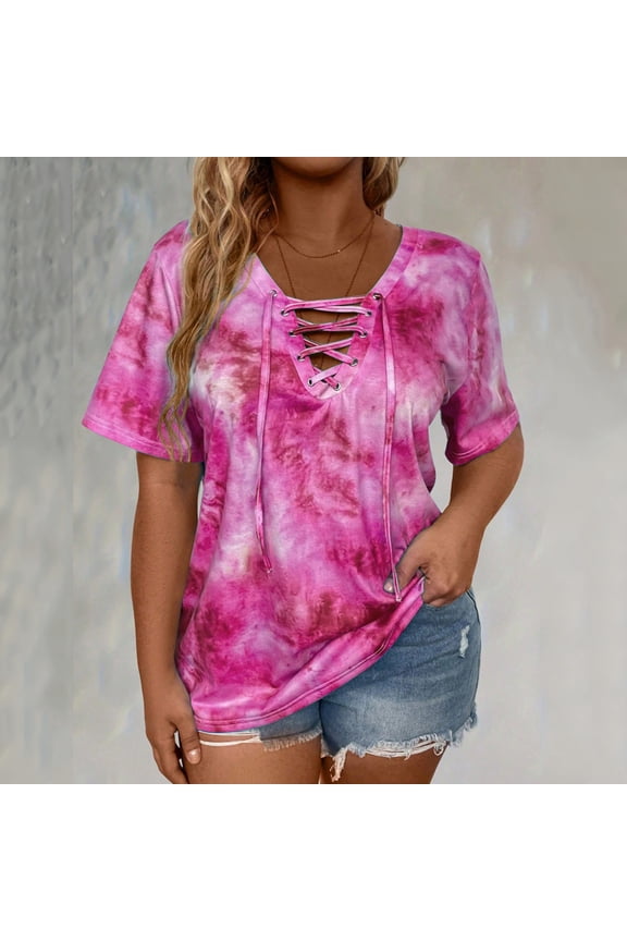 Y2k Plus Size Tops Womens Hot Pink Work Short Sleeve Loose Tie-Dye V Neck Shirts
