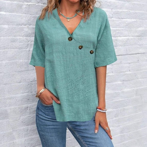 EchfiProm Y2k Tops Womens Blue New Arrivals V Neck Relaxed Fit Short Sleeve Button Solid Shirts