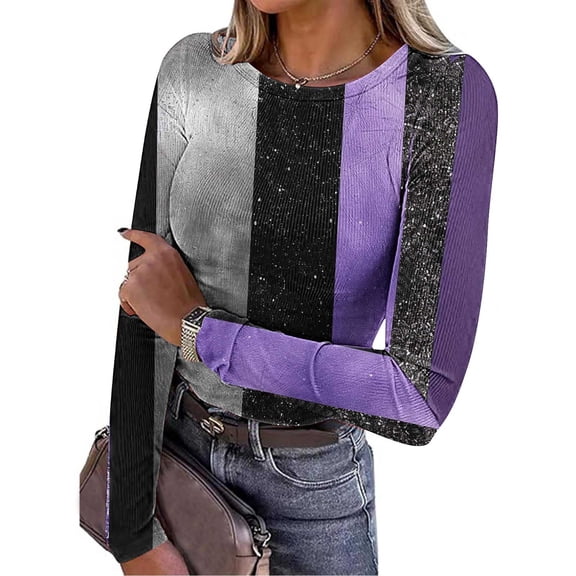 EchfiProm Y2k Tops for Women Slim Long Sleeve Gray Crew Neck Womens T-Shirt Ribbed