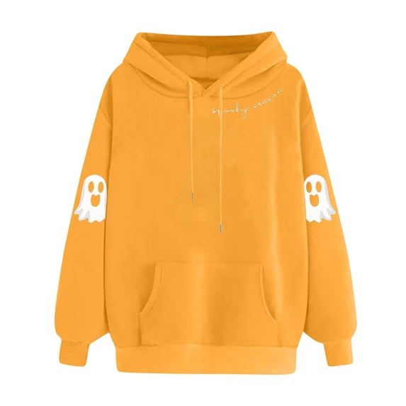 EchfiProm Yellow Sweatshirt for Womens Oversized with Pocket Hooded Ghost Print Long Sleeve Pullover Ladies Tops 2XL