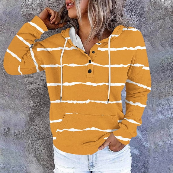EchfiProm Yellow Sweatshirts for Womens Striped Hoodies with Pockets Hooded Pullover Long Sleeve Button Womems Tops Trendy