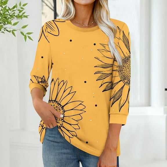 EchfiProm Yellow T-Shirts for Women 3/4 Sleeve Pullover Cute Crew Neck Floral Relaxed Fit Shirts
