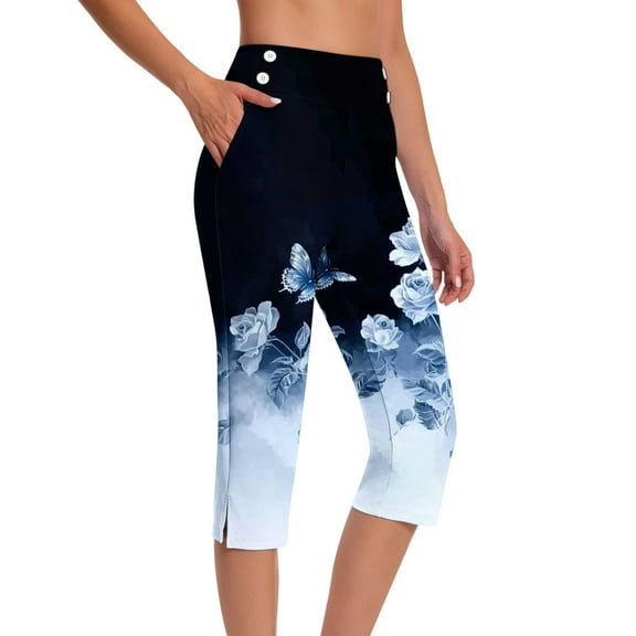 EchfiProm Yoga Leggings for Women with Pockets Capri Graphic Yoga High Waisted Elastic Waist Athletic Pants