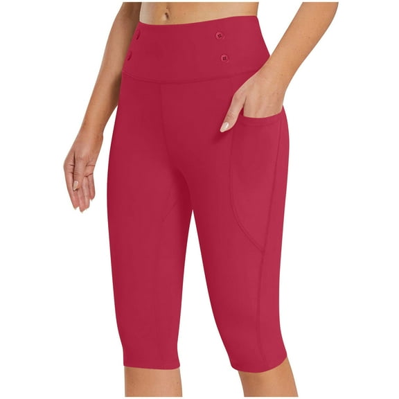 EchfiProm Yoga Leggings for Women with Pockets Hot Pink Capri Yoga Elastic Waist High Waisted Athletic Pants