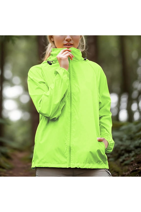 Zip-up Wind Breaker Jacket Womens Green Windproof Fall Hooded Windbreaker Lightweight Outwear