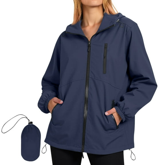 EchfiProm Zip-up Windbreaker Jacket for Women Waterproof with Hood Packable Navy Outdoor Hooded Lightweight Waterproof Coat