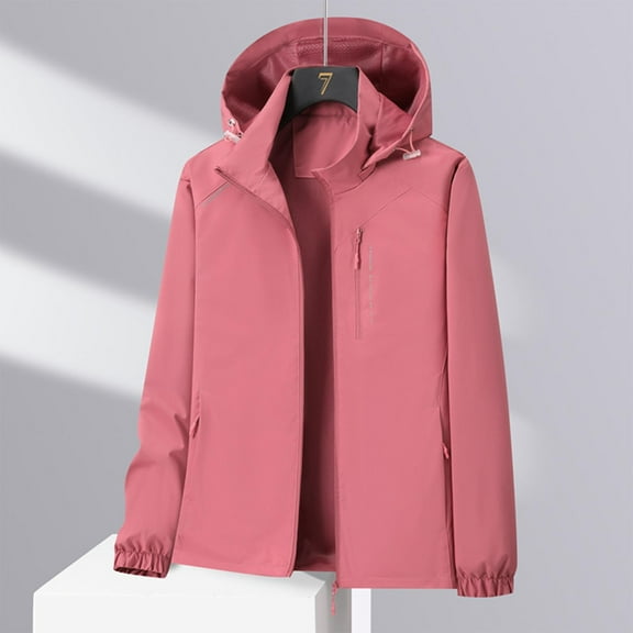EchfiProm Zip-up Women Windbreaker Jacket Pink Streetwear Waterproof Mid-Weight Hooded Windbreaker Coat