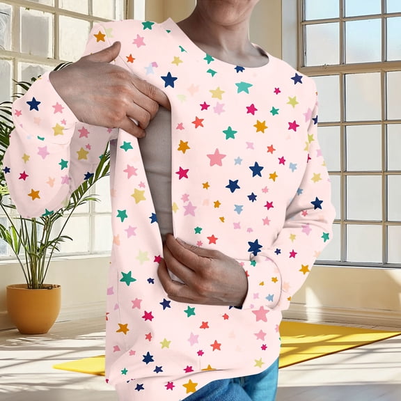 EchfiProm Zipper Nursing Sweatshirt Womens Pink Long Sleeve Star Graphic Crew Neck Pullover Fanshion Sweatshirt