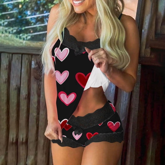 EchfiProm Valentines Pajamas Set for Women,Heart Print Lace Camisole and Shorts Two Piece Pjs
