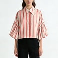 thumbnail image 1 of Echfiprom Button down Shirts for Women Collared Summer Loose Orange Striped 3/4 Sleeve Casual Ladies T Shirts Bell Sleeve, 1 of 9