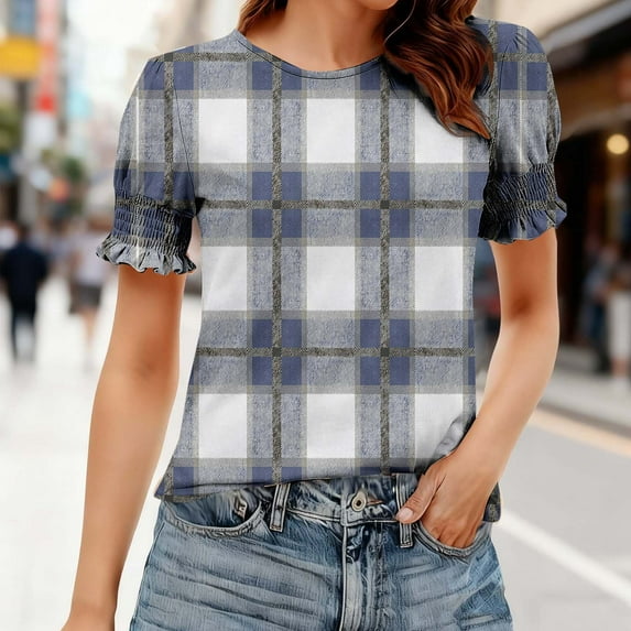 Echfiprom Tops for Women Puff Sleeve Navy Summer Plaid Elegant Soft Loose Womens Blouse Short Sleeve