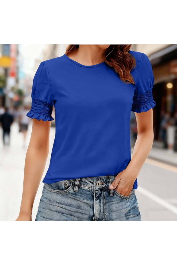 Trendy Tops for Women Plain Puff Sleeve Loose Blue Solid Color Comfy Crew Neck Womens Blouse Short Sleeve