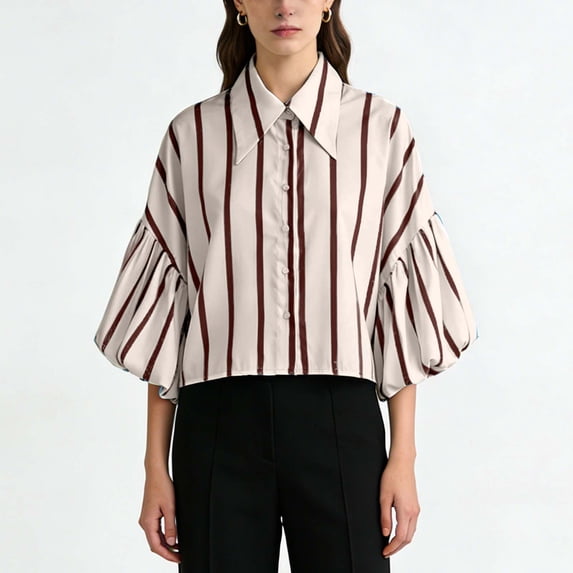 Echfiprom Womens Coffee Shirts Collared Summer Loose Casual Striped Button down Bell Sleeve T Shirts for Ladies
