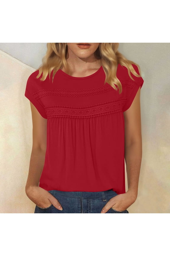 Womens Red Shirts Basic Plain Summer Loose Soft Short Sleeve Solid Color Crew Neck Blouse for Women