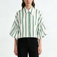 thumbnail image 1 of Echfiprom Womens Tops Summer Button down Army Green Loose Collared Striped Casual Bell Sleeve Blouse for Ladies, 1 of 9