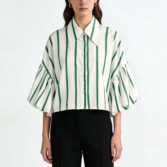 Echfiprom Womens Tops Summer Button down Army Green Loose Collared Striped Casual Bell Sleeve Blouse for Ladies