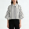 thumbnail image 1 of Echfiprom Womens Trendy Tops Navy Button down Loose Bell Sleeve Striped Casual 3/4 Sleeve Blouse for Ladies, 1 of 7