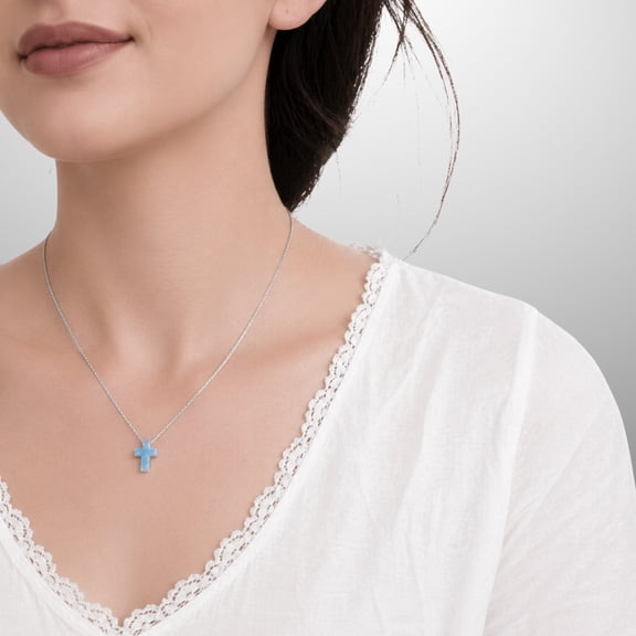 Echmeck 925 Sterling Silver Blue Created Opal Cross Pendant Necklace for Women