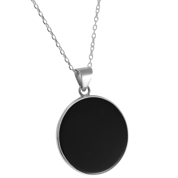 925 Sterling Silver Round Flat Black Onyx 25mm Pendant Necklace, 18+2 Inch