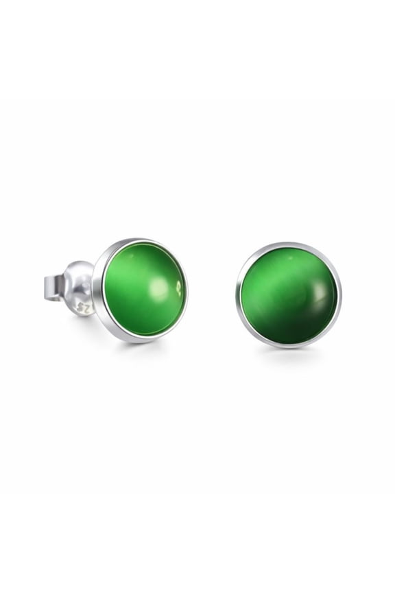 Silver Round Green Cat's Eye Stone Stud Earrings for Women and Men