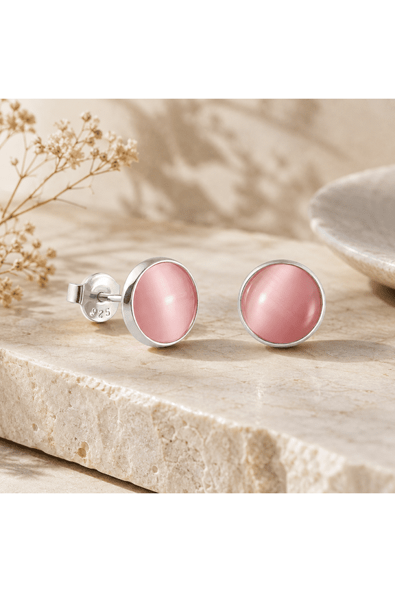 Silver Pink Round Gemstone Handmade Stud Earrings for Women - Bridal Wedding Jewelry