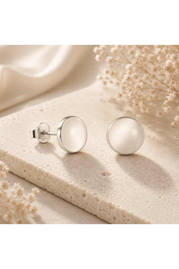 White Cat's Eye Stone Silver Stud Earrings for Women - Wedding Bridal Jewelry