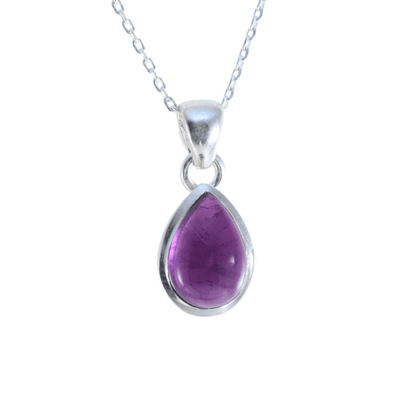 Echmeck Silver Natural Purple Amethyst Teardrop Pendant Necklace with 18+2" Chain