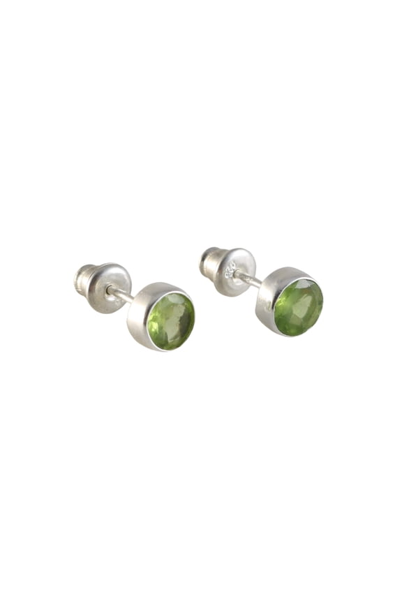 Silver Round Green Peridot Stud Earrings - August Birthstone