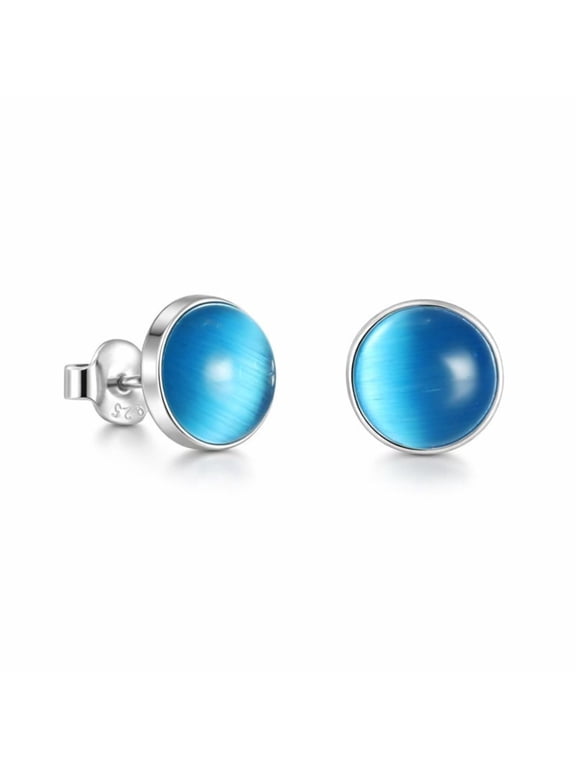 Silver Round Blue Cat's Eye Stud Earrings for Women - Bridal Wedding Jewelry