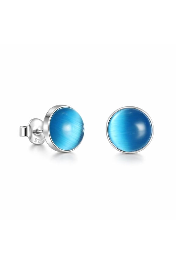 Silver Round Blue Cat's Eye Stud Earrings for Women & Men