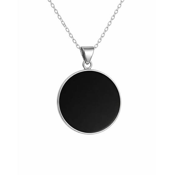 Echmeck Sterling Silver 925 Round Flat Black Onyx Handmade Pendant - Chain Not Included