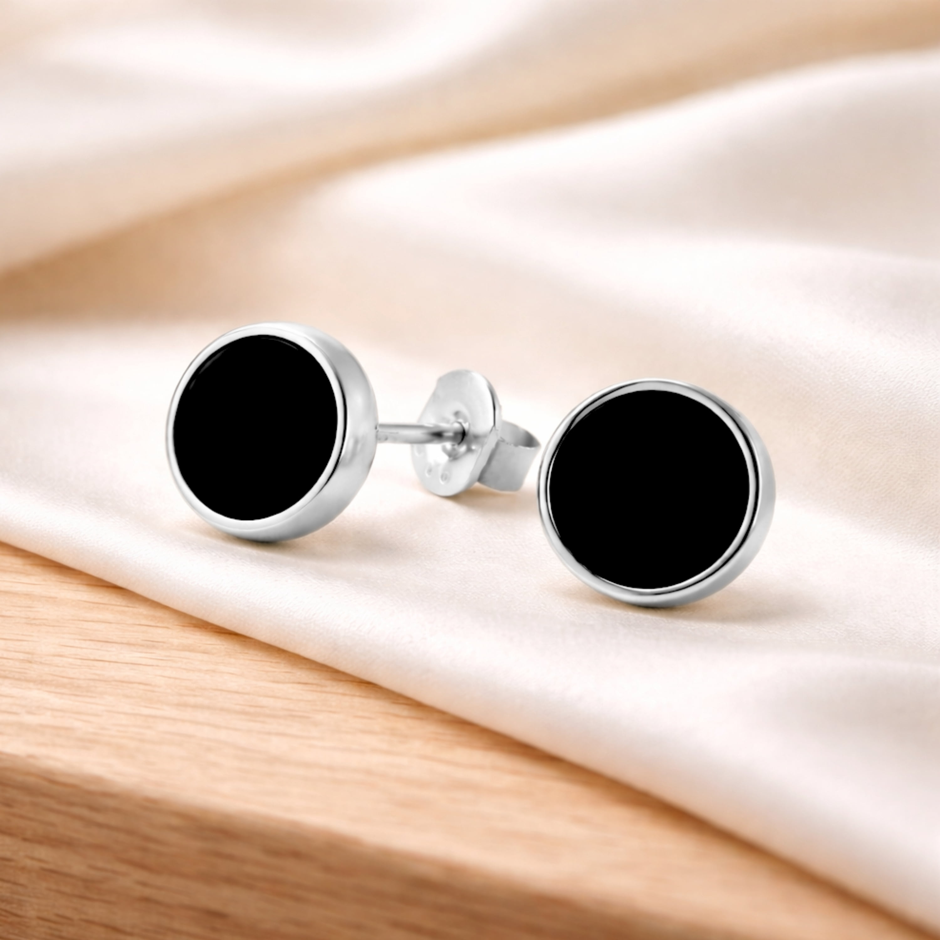 Echmeck Solid 925 Sterling Silver Black Flat Onyx Handmade Stud Earrings for Women Men - 9mm