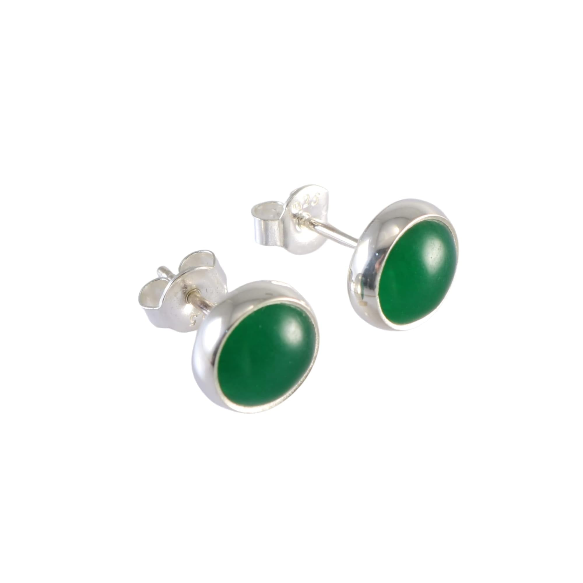 Echmeck Sterling Silver 925 Round Green Created Jade Stone 9mm Handmade Stud Earrings for Women and Men