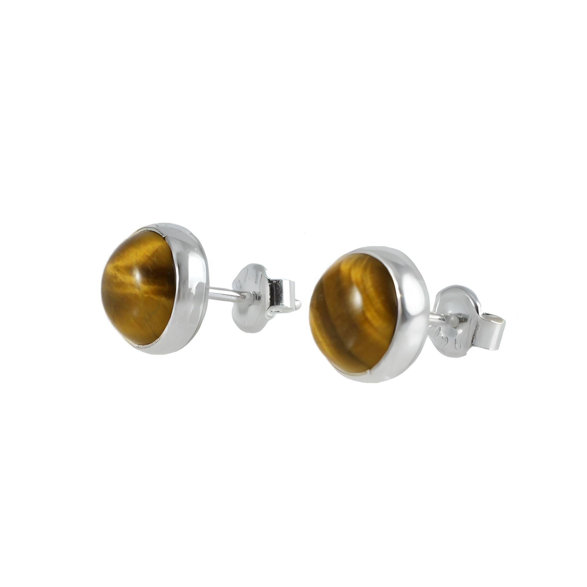 Echmeck Sterling Silver 925 Round Natural Brown Tiger Eye 9mm Handmade Stud Earrings for Women and Men