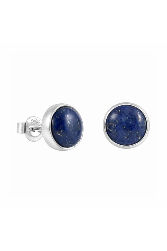 Sterling Silver Navy Blue Lapis Lazuli Handmade Round Stud Earrings for Women & Men