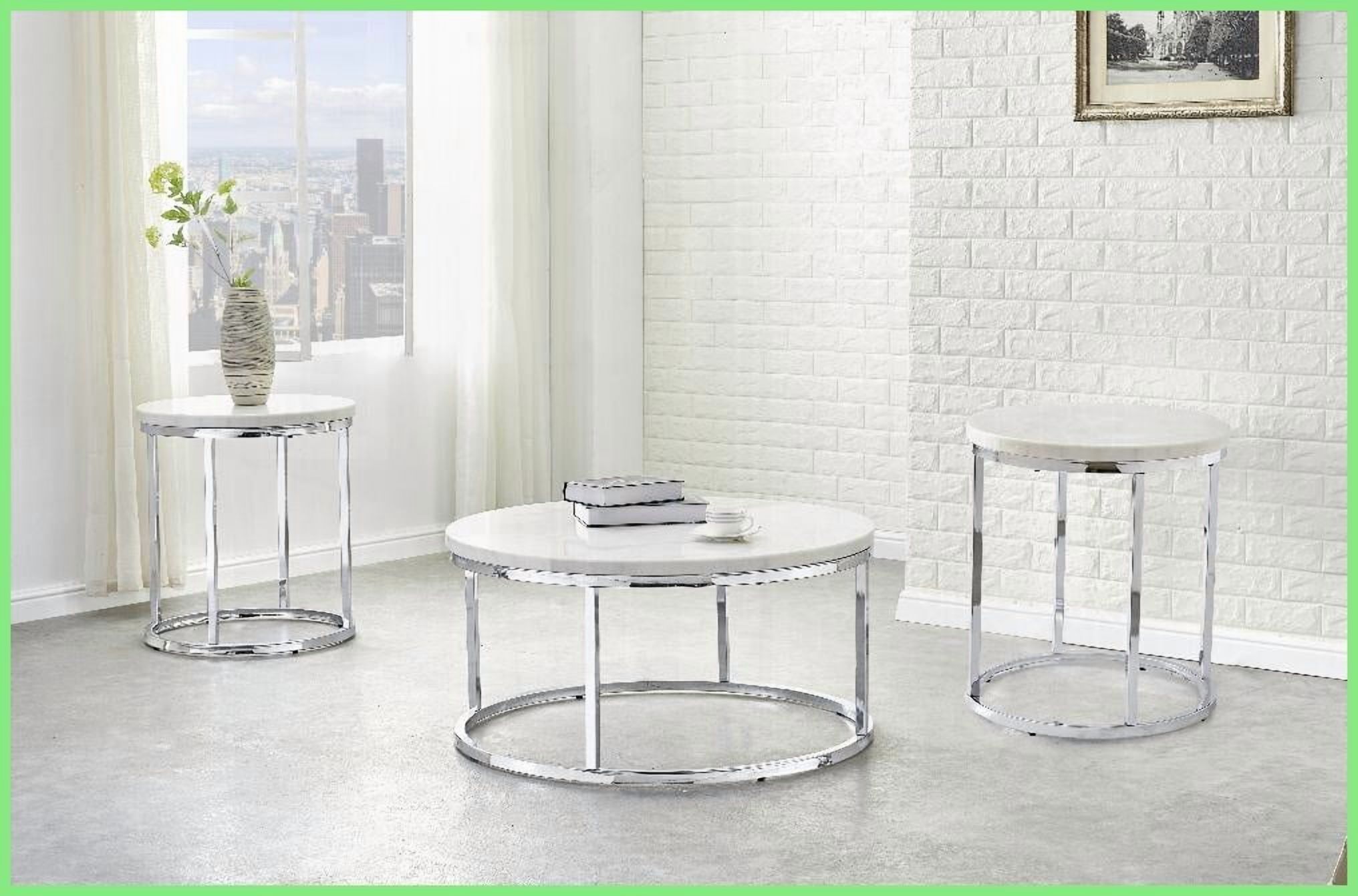 Echo 3-Piece Coffee Table Set - White Marble Tops & Chrome Metal Base, Space-Saving for Living Room, Adjustable Levelers
