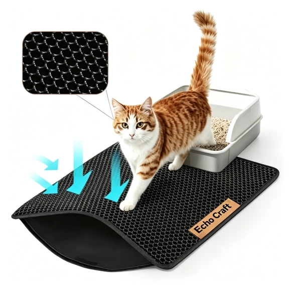 Echo Craft Small Cat Litter Mat 12x12 Inch Black, 0.17 lb, Double Layer Honeycomb Litter Trapping Mat, Waterproof Non-Slip Washable Easy Clean Kitty Litter Box Floor Protector