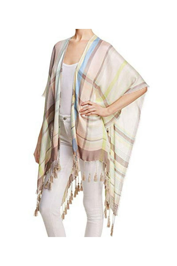 Design Womens Marina Reversible Plaid Tassel Ruana Wrap
