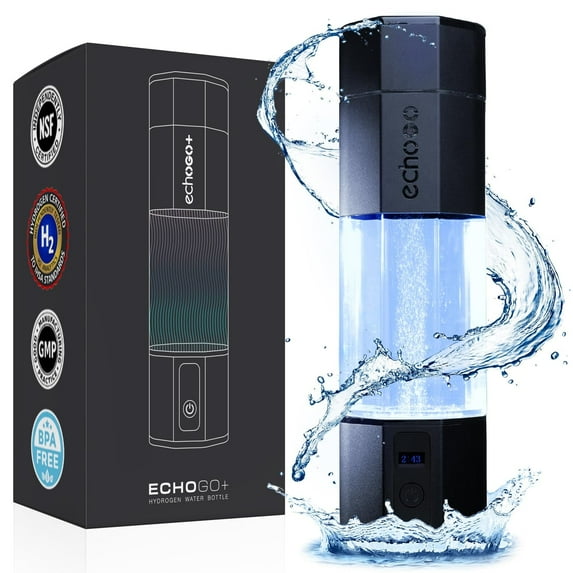Echo Go+ Hydrogen Water Bottle - Water Ionizer Up to 4.5PPM - SPE & PEM Hydrogen Water Generator - Alternative to Hydrogen Water Pitcher - Black Hydrogenated Water Bottle