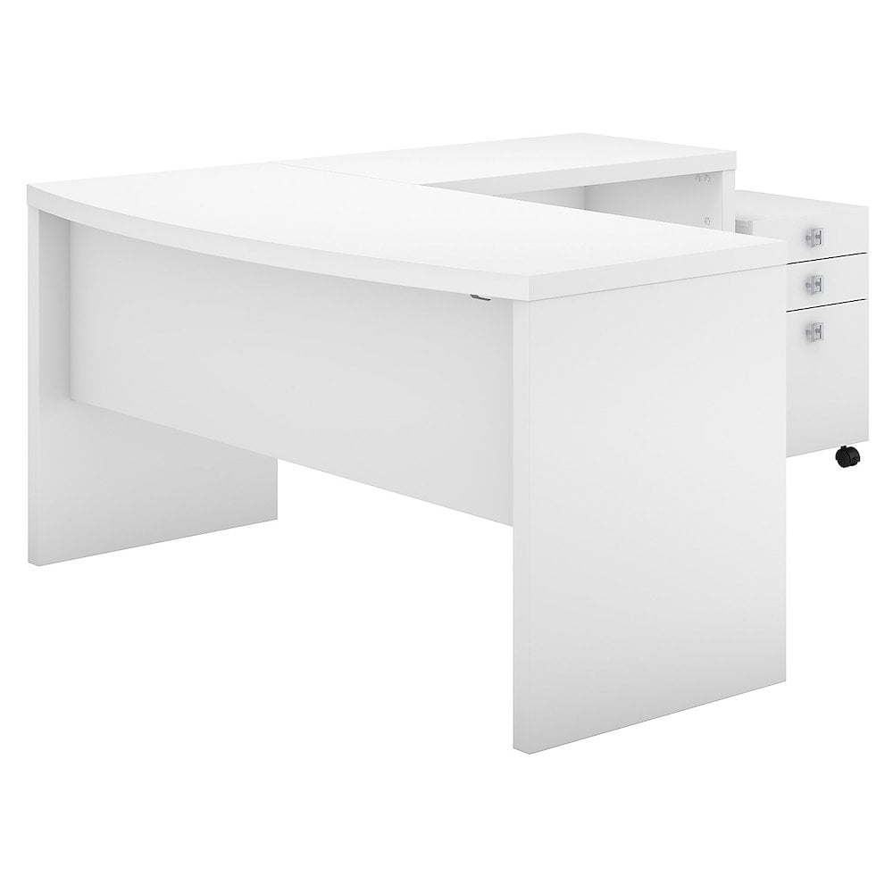 Pure White L-Shaped Bow Front Desk with Mobile File Cabinet