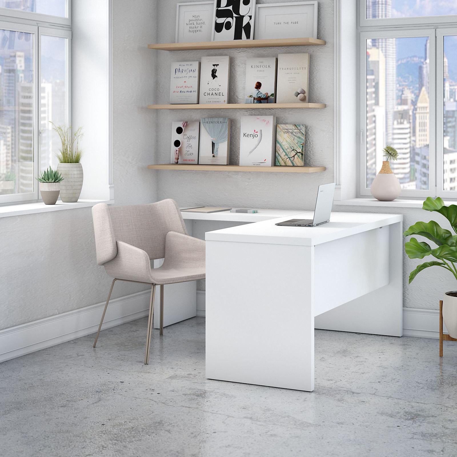 Pure White L-Shaped Corner Desk with Drawer and Filing Cabinet