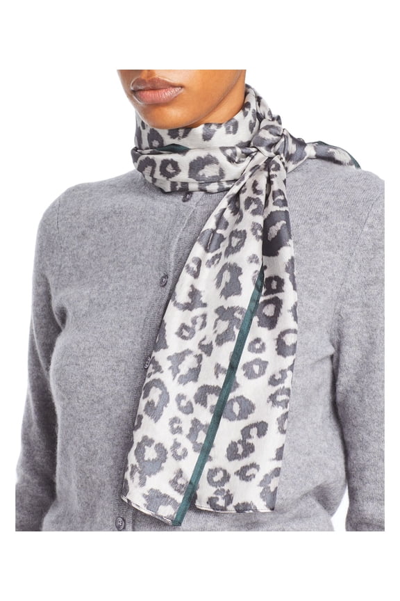 Leopard Print Silk Scarf, Gray, One Size