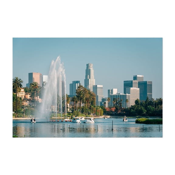 Echo Park Lake & Downtown Los Angeles - Los Angeles California Photography Cityscape Skyline Fountain Lake Palm Tree Water Unframed Wall Art Print 8 x 12 inches