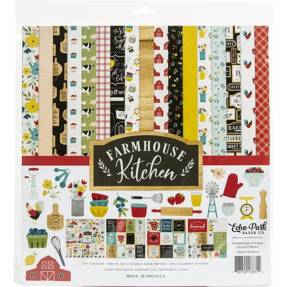 Echo Park Paper Company Farmhouse Kitchen Collection Kit Paper, red, Yellow, Teal, Woodgrain, Balck , 12-x-12-Inch