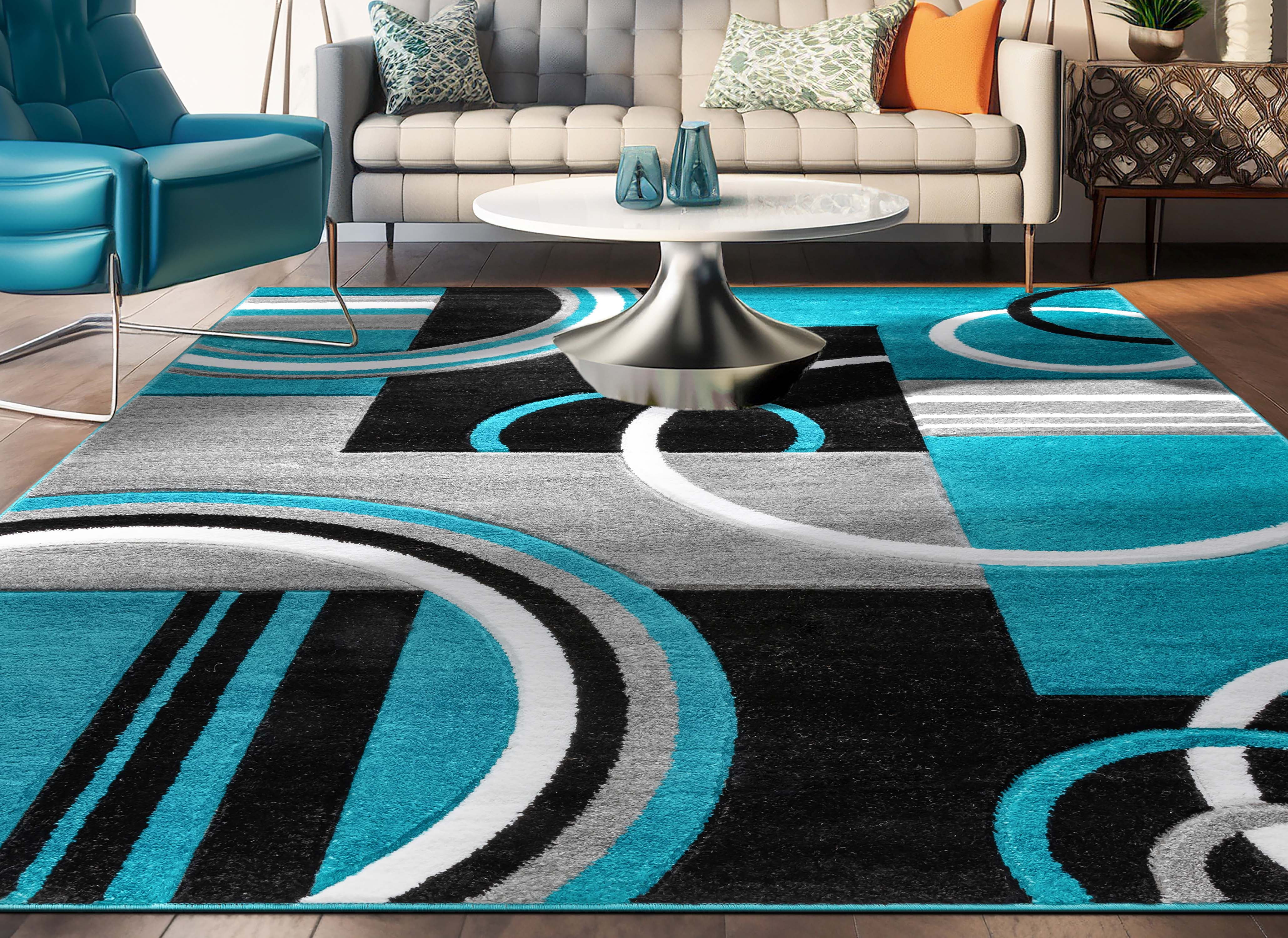 Composite Shape Rug Echo Shapes Circles Blue Brown Modern Geometric Comfy Casual Hand ...