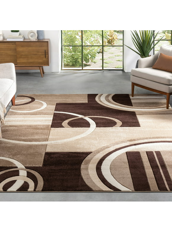 Echo Shapes & Circles Ivory / Beige Brown Modern Geometric Comfy Casual Hand Carved Area Rug 8x10 8x11 ( 7'10" x 9'10" ) Easy Clean Stain Resistant Abstract Contemporary Thick Soft Plush Living Room
